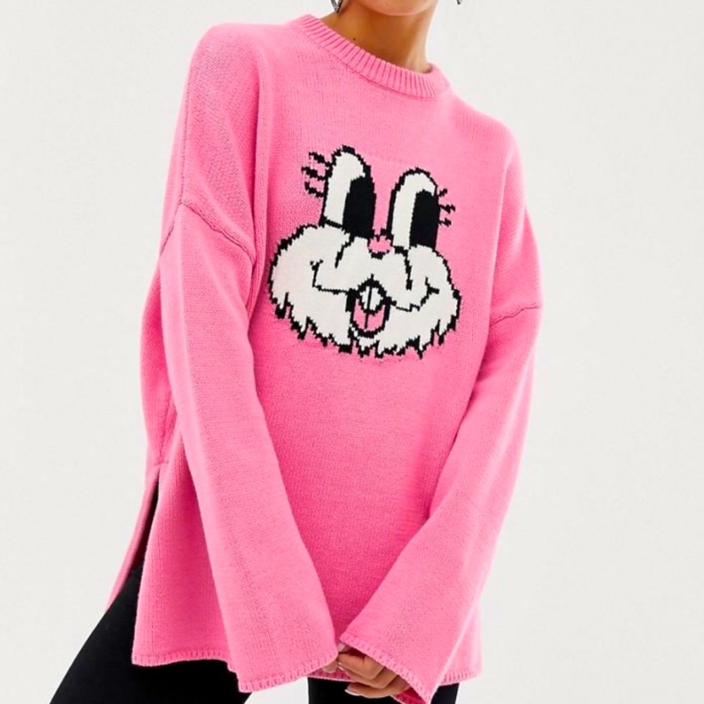 Lazy Oaf Women's Pink Bunny Funnel Neck Sweater🐰